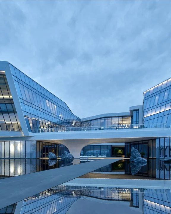 Modern building with large glass panel windows